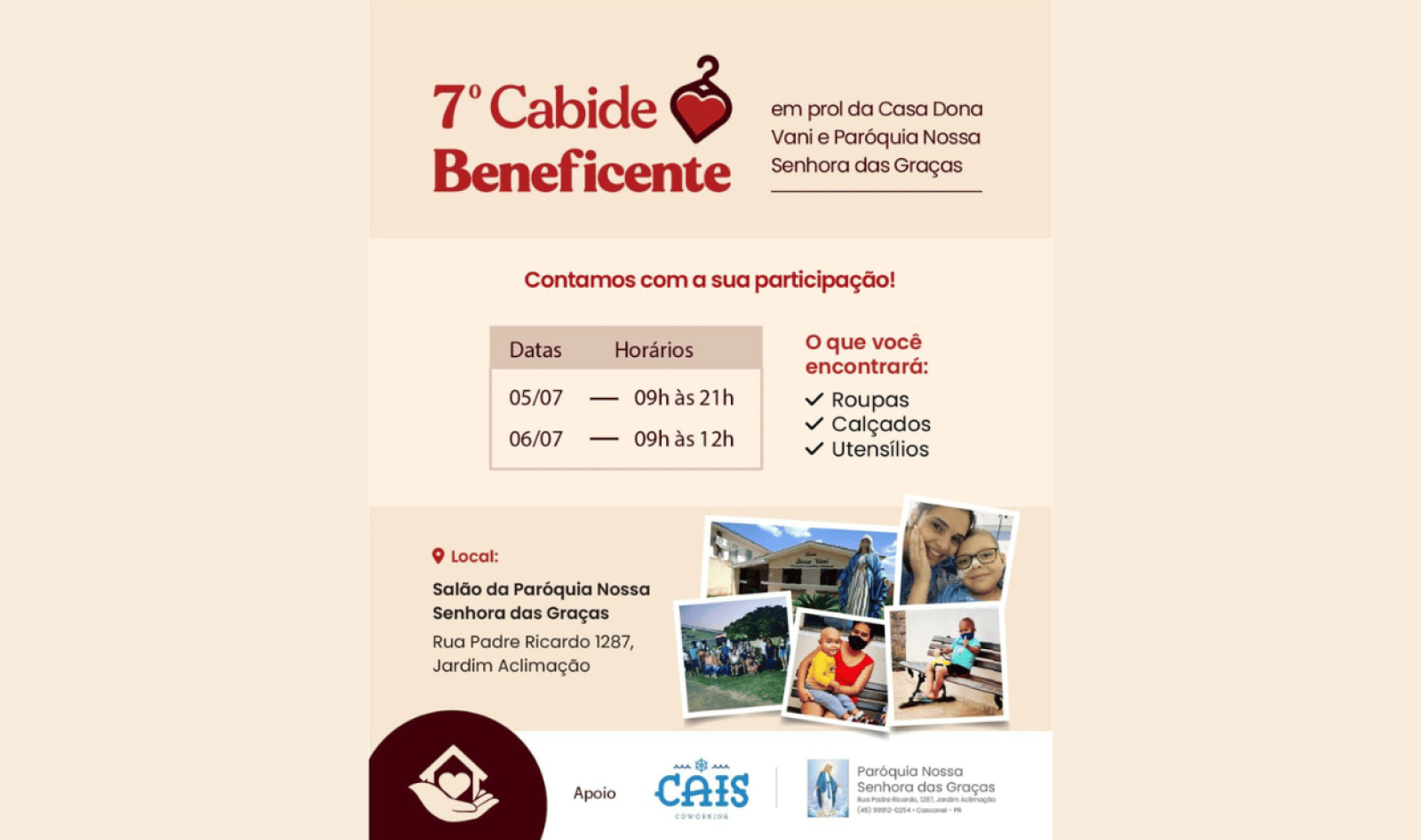 Casa Dona Vani e Paróquia Nossa Senhora das Graças promovem Cabide Beneficente com peças a partir de R$2